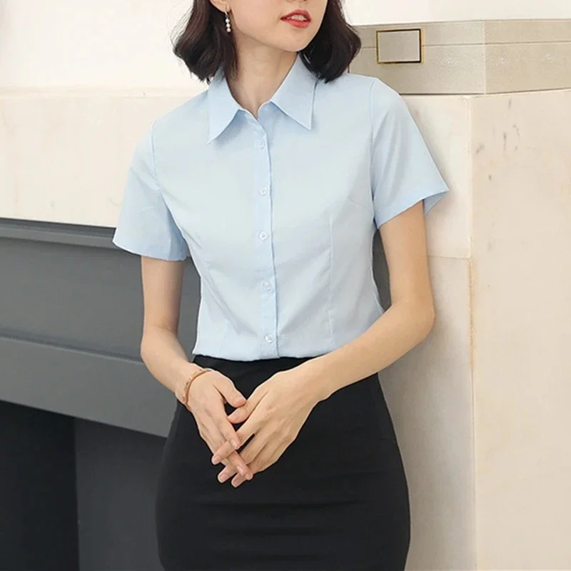 

Woman Blouses 2024 Fashion V-neck Short Sleeve Solid Work Shirts Tops Pretty Women's Blouse OL Elegant Female Clothing Blouse