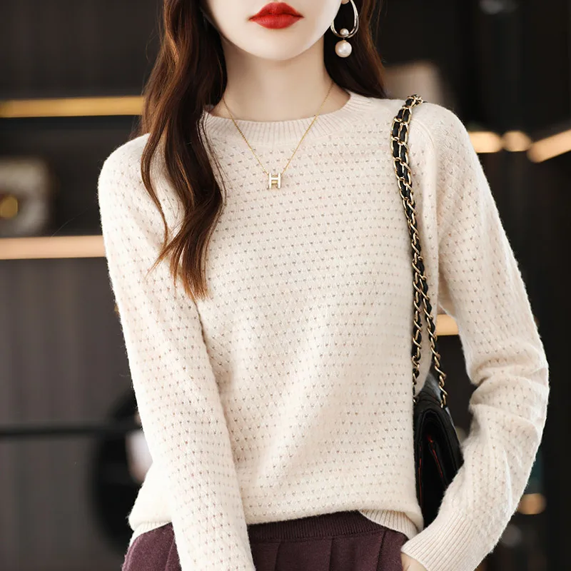 YSC2024 Women's Classic Pure Wool Seamless Round Neck Hollow Pullover Long Sleeve High Quality Warm Knitted Sweater