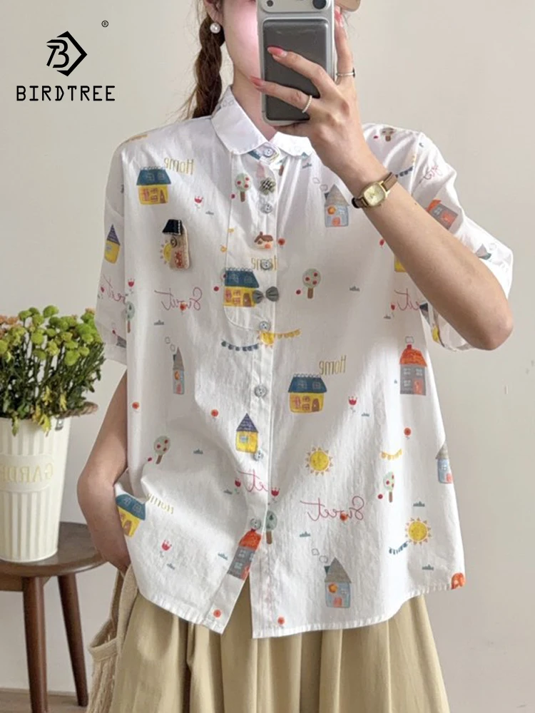 

New 2026 Summer Women Cotton Short Sleeve Shirt, Lapel Cartoon Print, Mori Girl Cute Age Reduction Thin Loose Blouse T63051CC