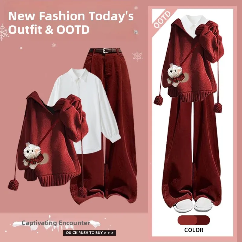 

Red Hoodie Base Shirt Loose Casual Pants Three Piece Set Women's Fashionable Winter Spring Autumn Clothing round Neck Long Sl...