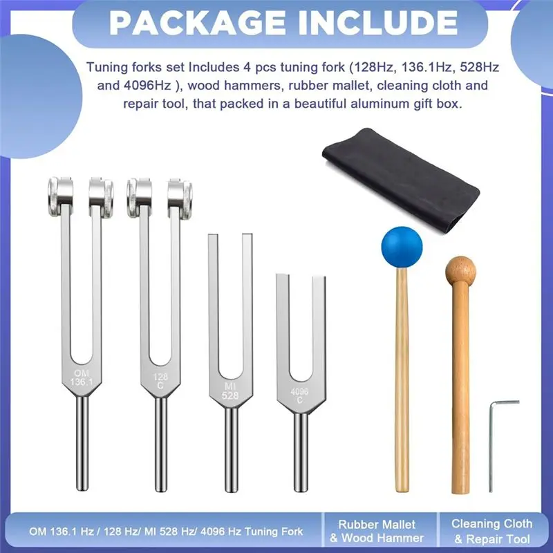 A99I-For Healing Chakra For Sound Therapy Tuning Fork Set(128Hz, 136.1Hz, 528Hz, 4096Hz) 4Pcs With Reflex Hammers Silicone Bases