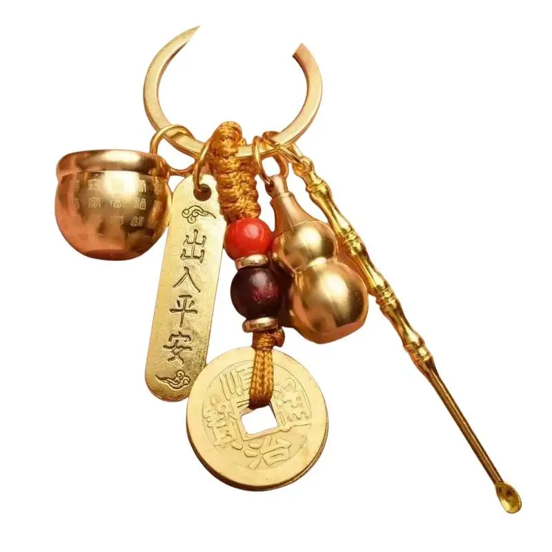 Chinesischer Stil Tierkreiszeichen Messing-Kürbis Fünf-Kaiser-Geld-Schlüsselanhänger Metall Fengshui Anhänger R-Tasche Schlüsselring Dekoration Geschenk Accessoire – Detail 6
