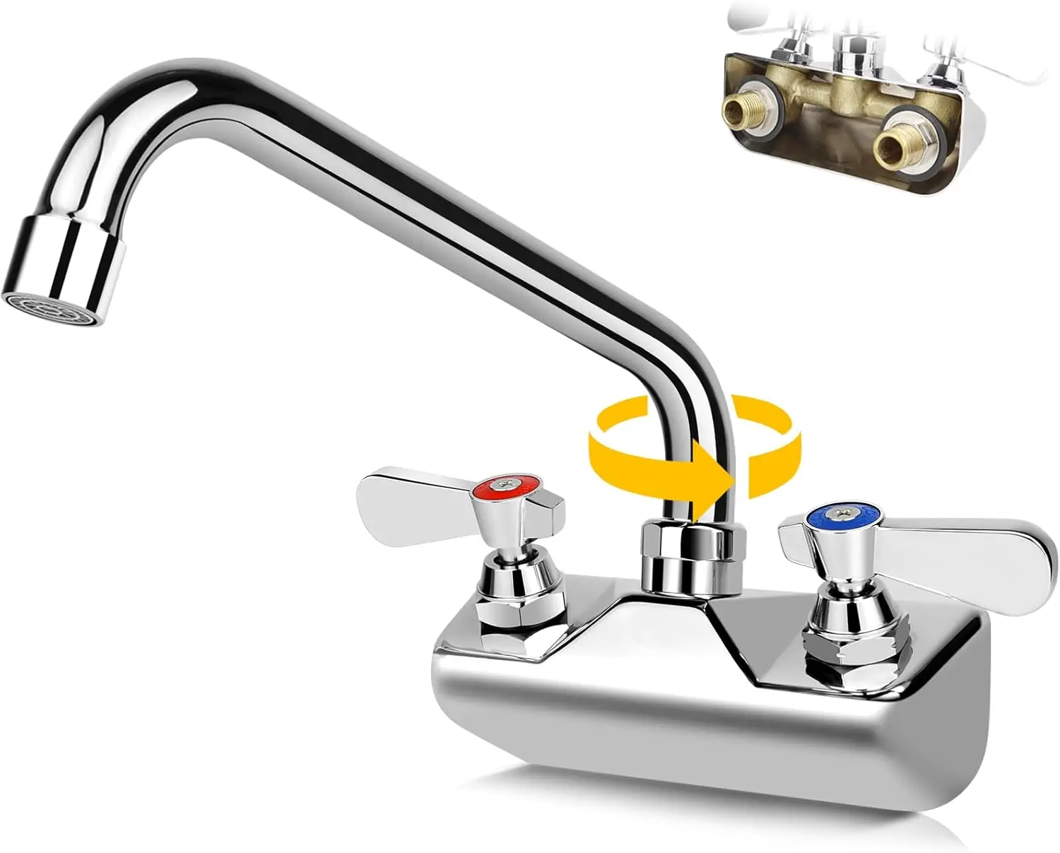 

Commercial Sink Faucet with 10" Swivel Spout, Wall Mount, Brass Chrome Finish, Dual Lever Handles