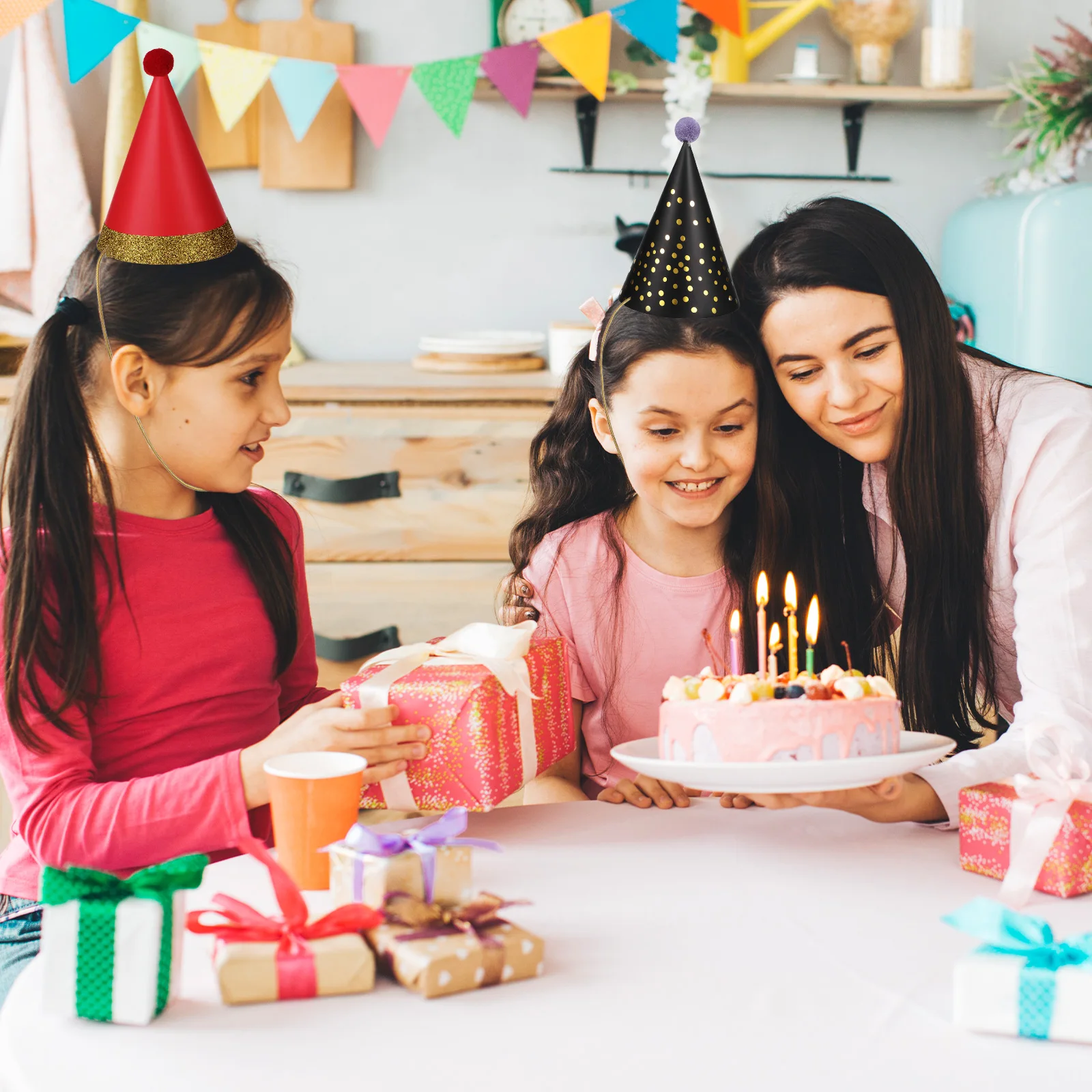 

16 pcs Birthday Hats Kids Adults Pom Cone Cap Paper Glitter Celebration Supplies Happy Birthday Hat Family for Children