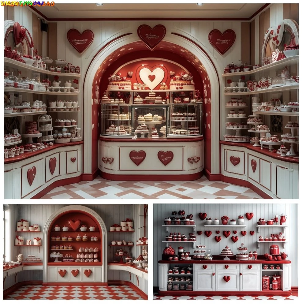 

Valentine's Day Dessert Shop Backdrop Red Love Heart Cupcakes Kitchen Cook February 14 Photography Background Photostudio Props