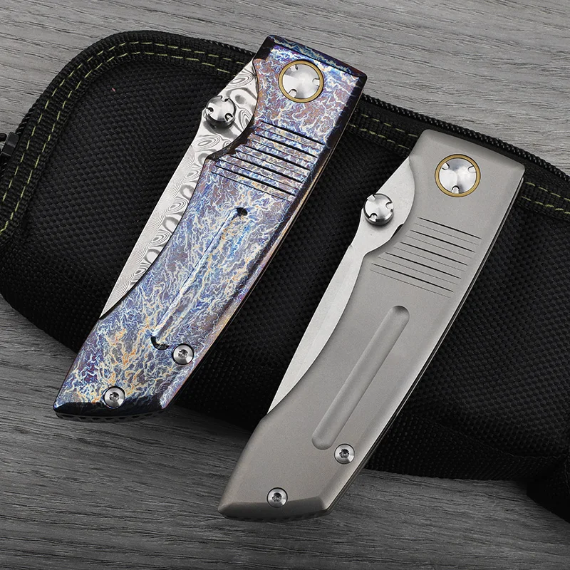 VG10/Damascus steel blade titanium alloy handle folding knife outdoor self-defense hunting camping hiking portable tool knife view 6