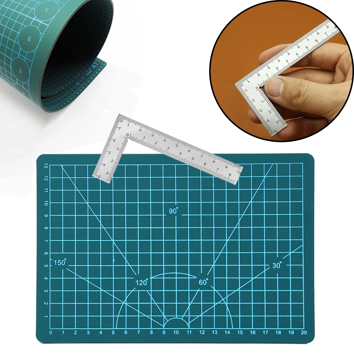 Stainless Steel L-Shaped Ruler + A5 Cutting Mat – 2 inch by 4 inch Ruler, Christmas gift set, Tool for Engineers & Carpenters