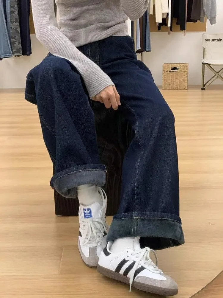 

Retro Deep Blue Slim Fit High Waist Wide Leg Jeans Women's Straight Loose Slimming Knife Pants Scythe Banana Pants Spring