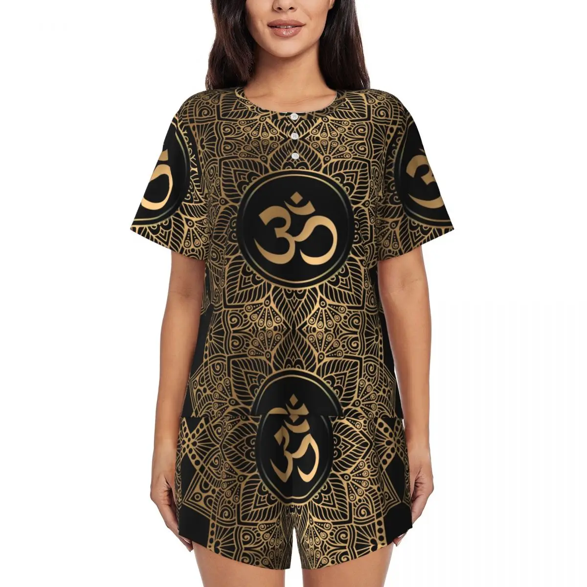 

Women's Golden Om Mandala Pajamas Set Custom Printed Short Sleeve Henna Aum Sleepwear Loungewear Pjs 2 Piece Sets