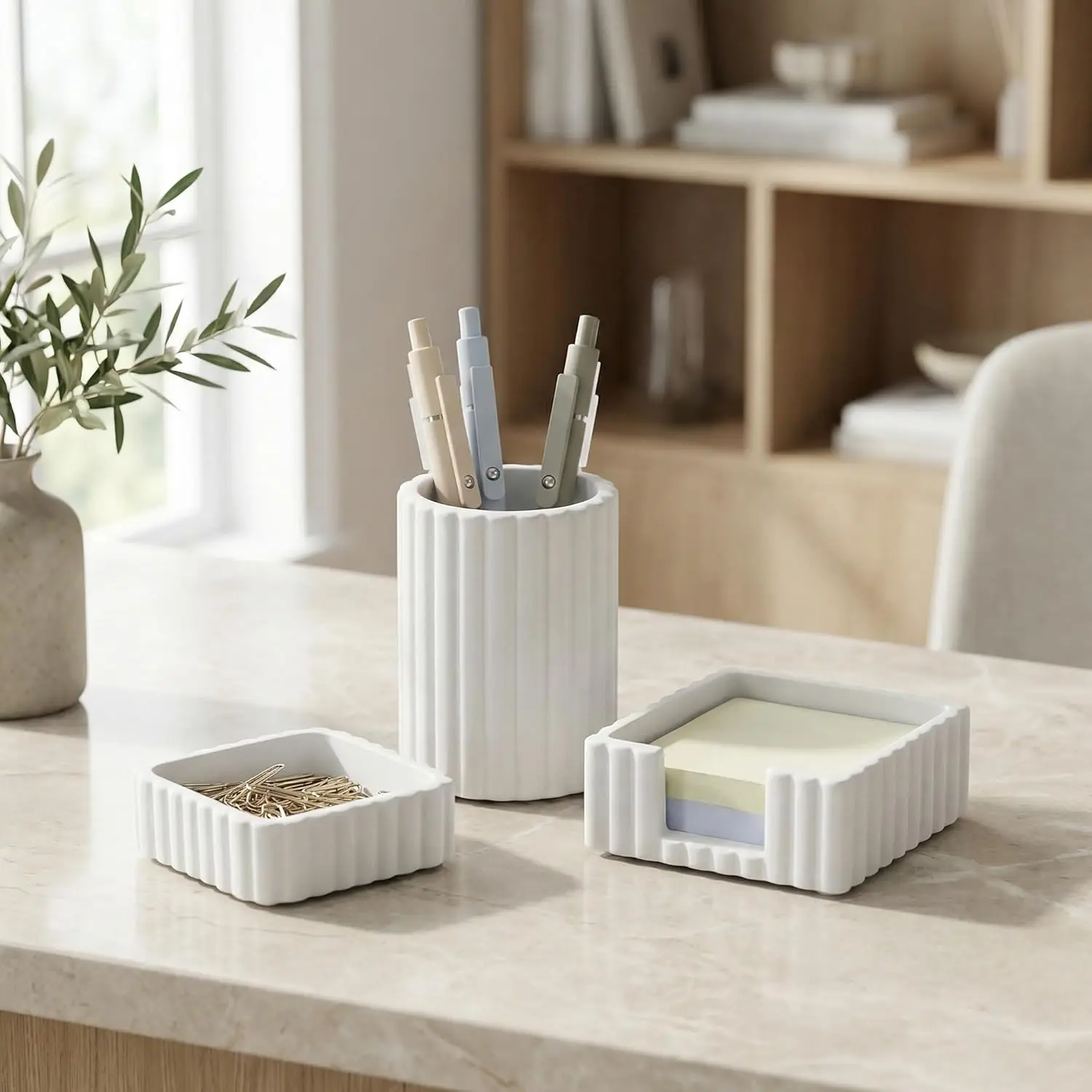 

Concrete Desk Organizer Set with Pen Holder, Notes Holder & Clip Holder for Modern Workspace Decor