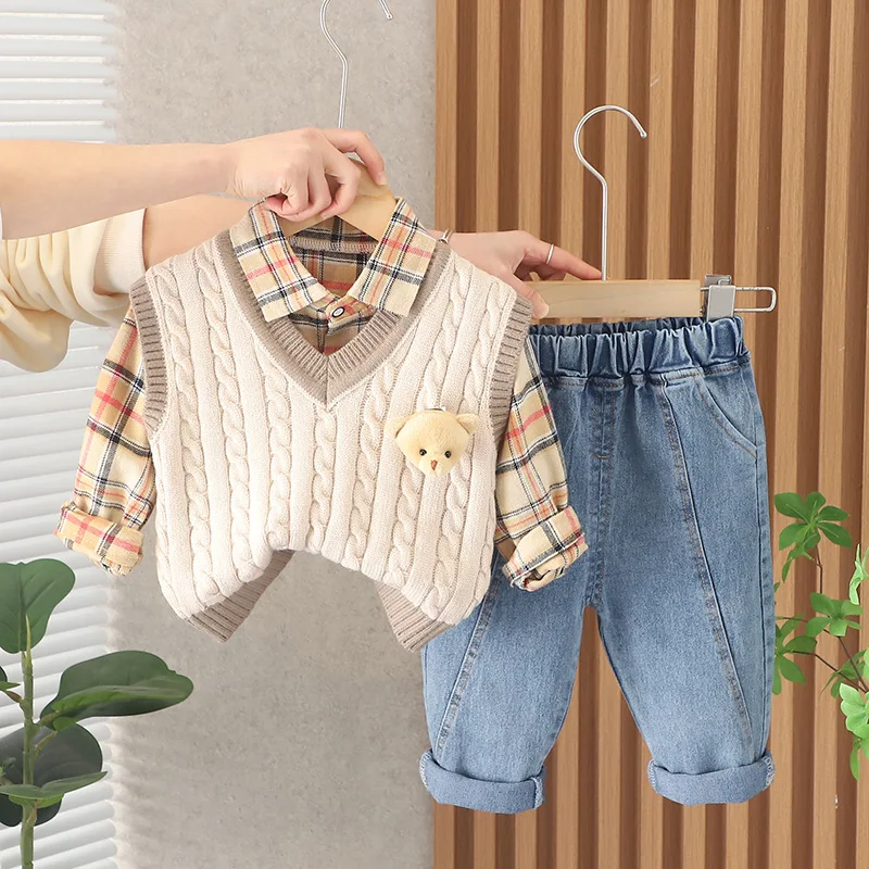 

Spring Baby Boys Clothing Sets Gentleman Style Kids Vest Plaid Shirt Jeans Infant Clothes Outfits Children Casual Sportswear