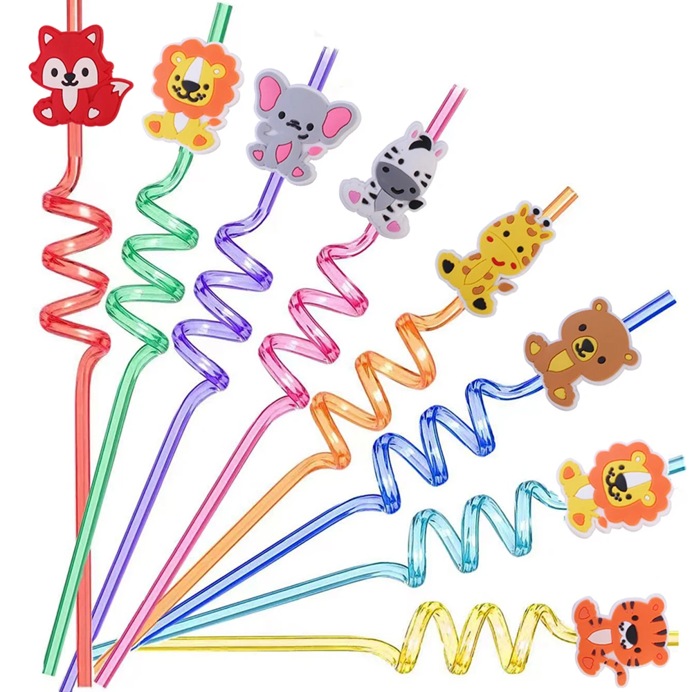 8pcs Woodland Animal Plastic Straws Reusable Drinking Straws Jungle Safari Straw Baby Shower Birthday Decor Woodland Party Favor