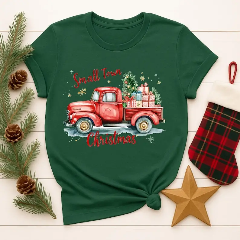 عيد الميلاد شاحنة حمراء المرأة قمصان قطنية مدينة صغيرة عطلة تصميم لطيف هدية عيد الميلاد تي شيرت مطبوع بلايز للجنسين قصيرة الأكمام