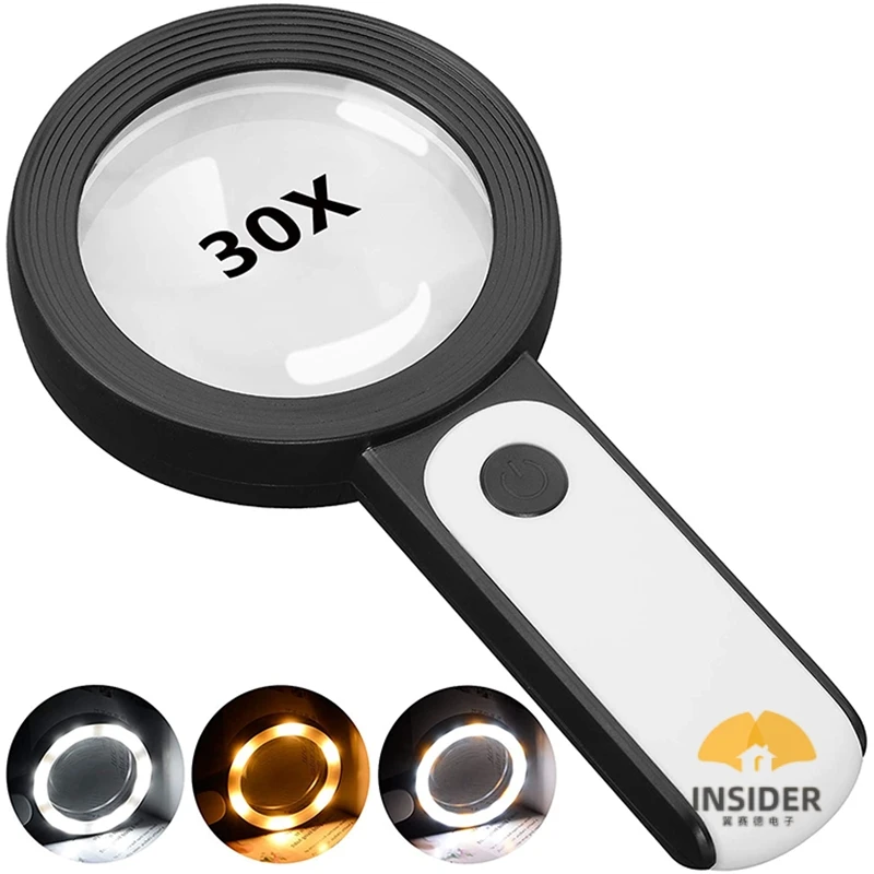 

Handheld Magnifier Reading 30X Lens 12LED Light Magnifying Glass