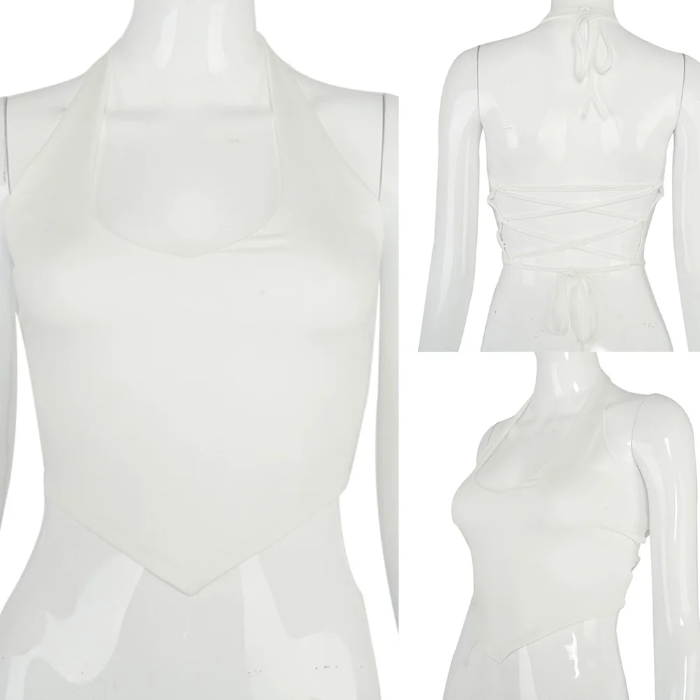 Ärmelloses Weste-Tanktop mit rückenfreiem Träger für Damen, einfarbig, Baumwollmischung, Stoff, lässiger Stil, kragenloser Ausschnitt