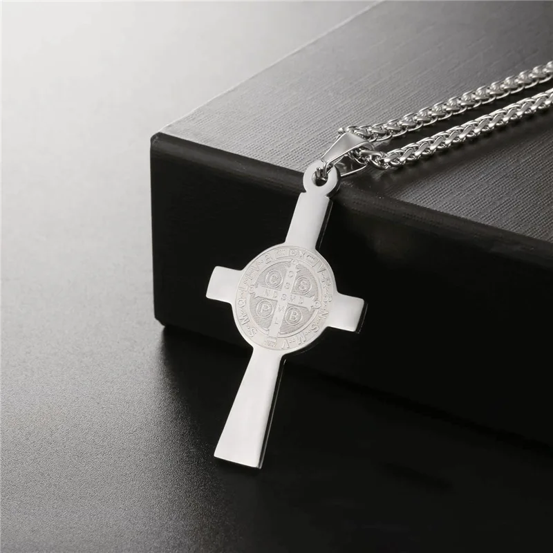 Collare Cross Pendant Men Stainless Steel Gold Color Medalla de San Benito Necklace Women Saint Benedict Medal Jewelry P084