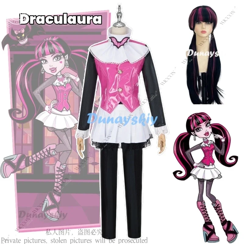 Draculaura Monster Cos Pink Suit Vampiree Draculaura Wig Anime Female Cosplay Halloween Costumes High Full Set Carnival Suit