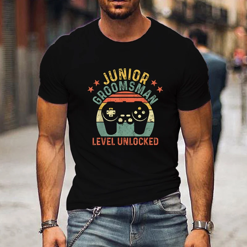 Shirts for Men Gamer Junior Groomsman Level Unlocked Video Gaming Wedding Graphic T Shirts Short Sleeve Groomsman Men's T-shirts