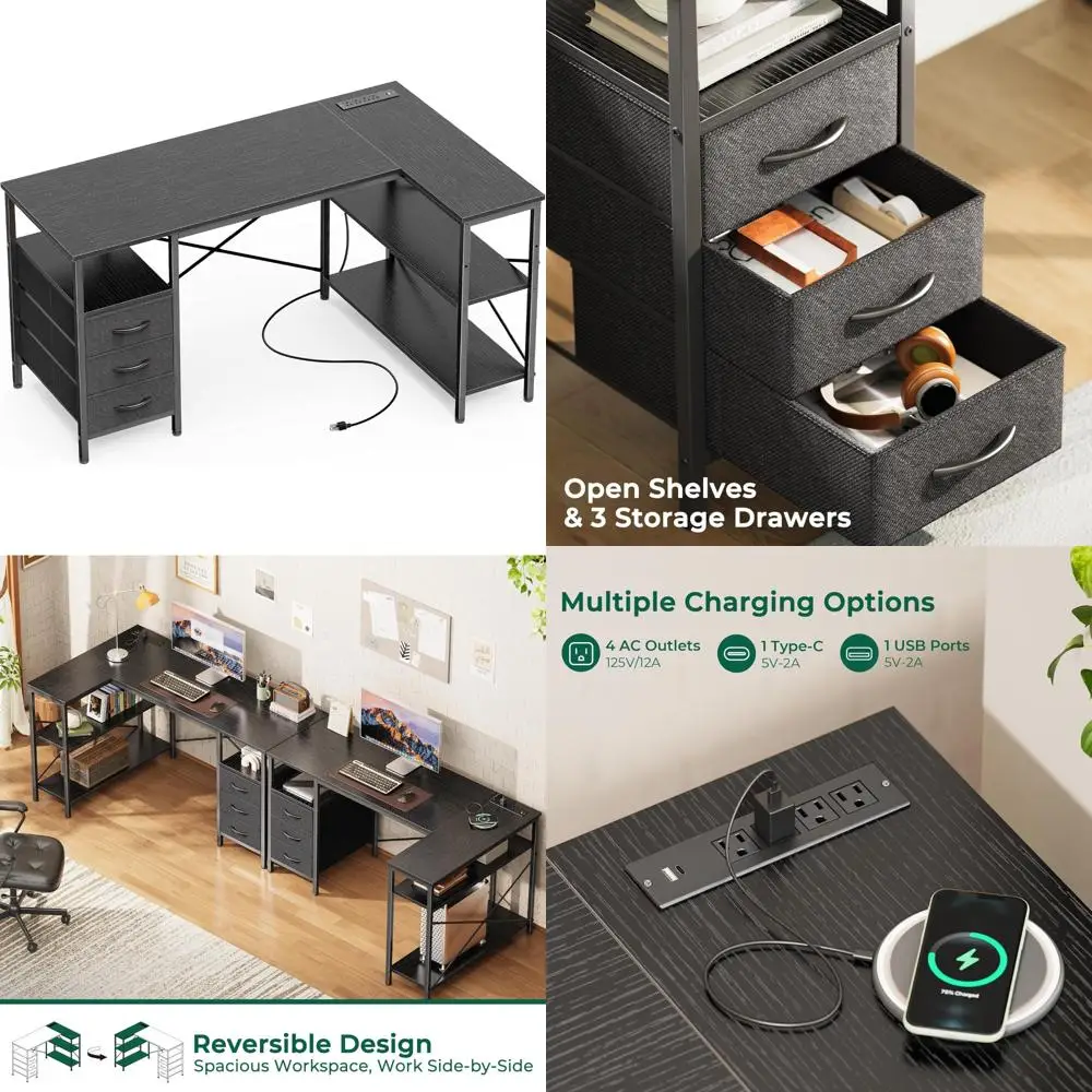 

Large L-Shaped Office Desk with Power Outlets, 47 Gaming and Home Office Desk with 3 Drawers and Storage Shelves