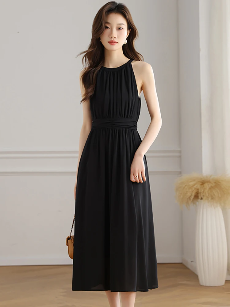 

Летнее черное шифоновое плиссированное облегающее платье с воротником-стойкой для женщин, элегантное роскошное вечернее платье 2026 года, корейские винтажные праздничные платья