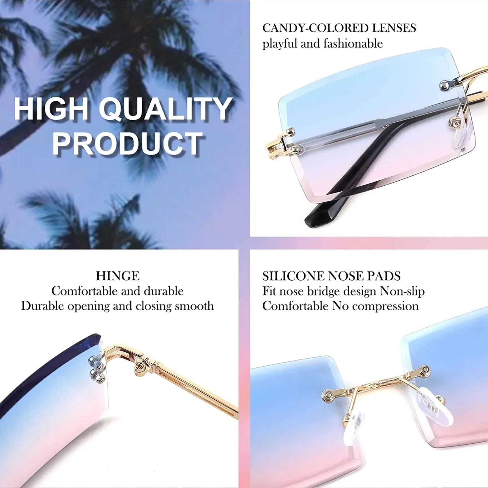 Vintage Rimless Sunglasses Rectangle Frameless Candy Color Glasses Women Men UV400