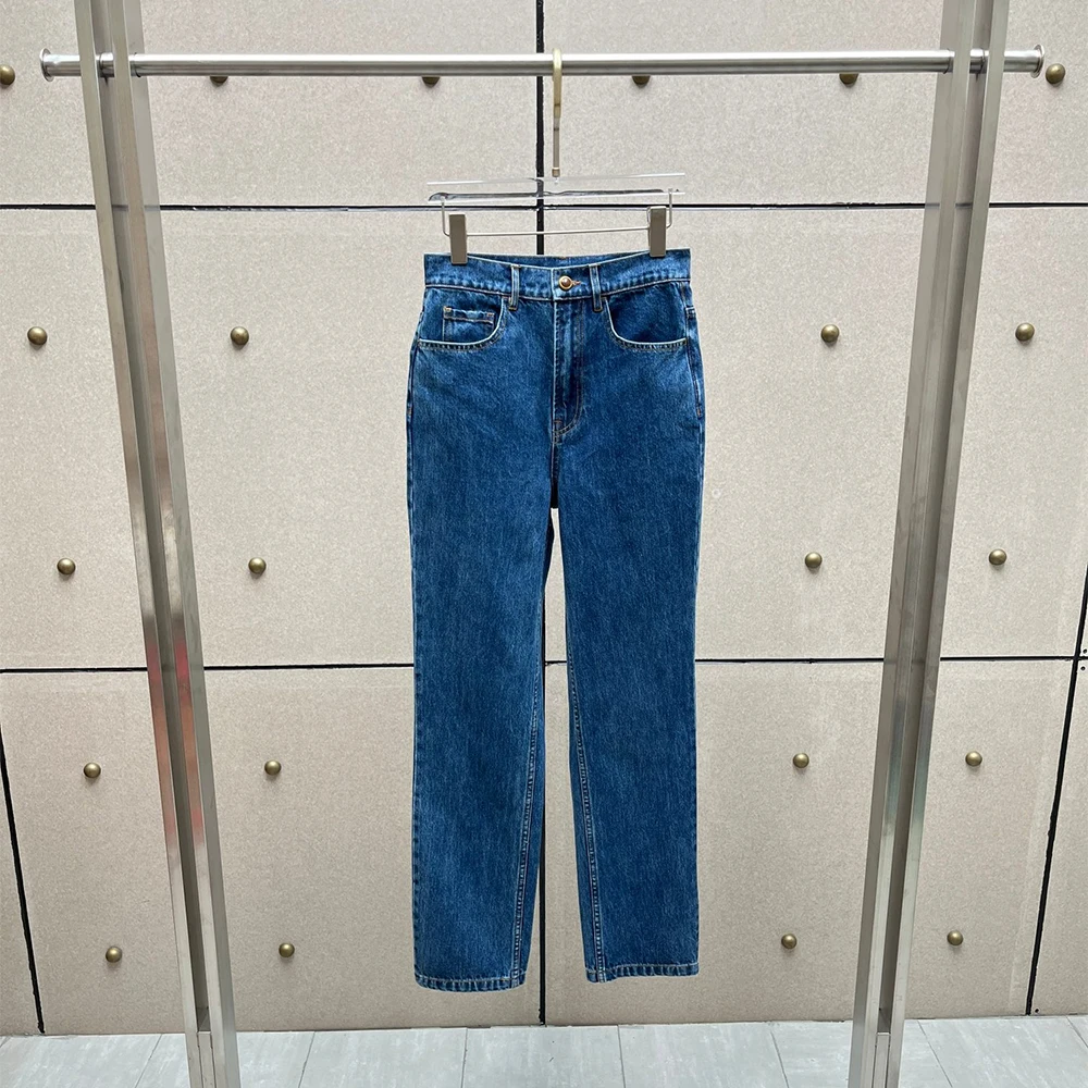 Ladies 100% Cotton High Waist Straight Jeans Vintage Washed Denim Pants Length Casual Trousers Women Daily Basic Denim Trousers
