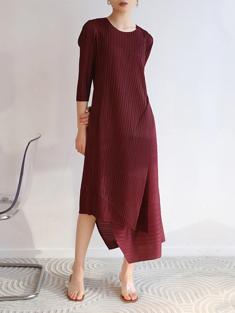 Miyake Long Asymmetrical Dress Solid Color Round Neck Elegant Pleated Dresses Women's Slim Party Clothing 2023 Summer New