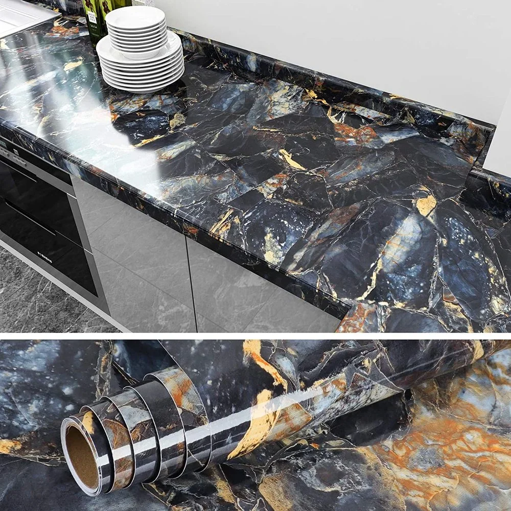 40cm Kitchen Wall Sticker Self-Adhesive Marble Pattern Waterproof Cabinet Stove Countertop Wallpaper Desktop Bathroom Renovation