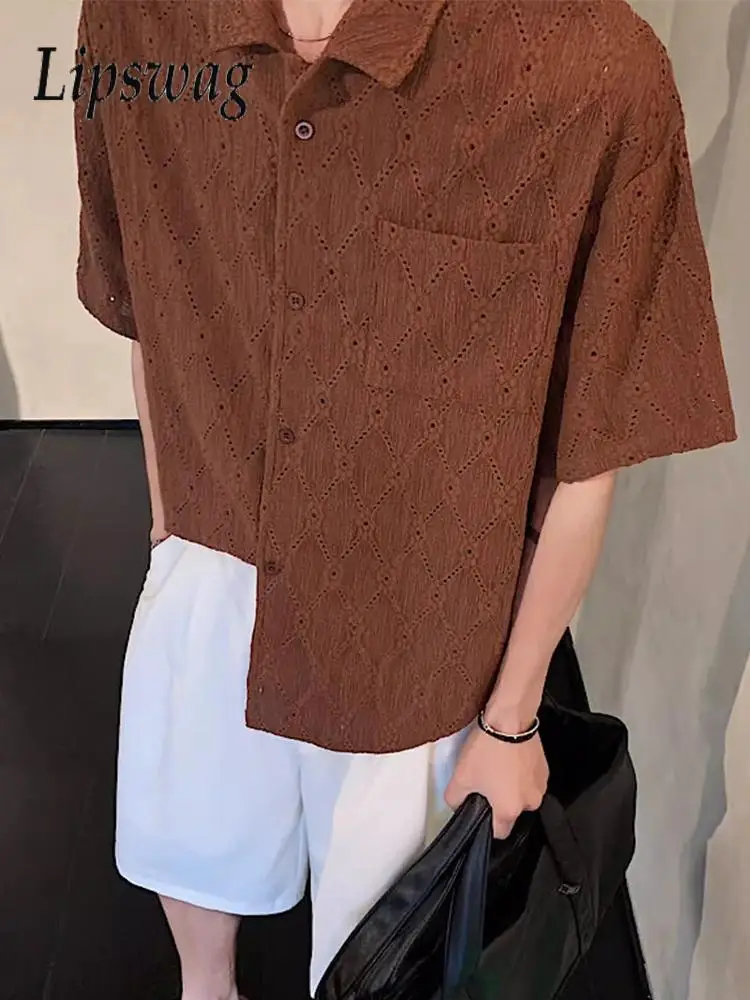 

Fashionable Short Sleeve Buttoned Turn-down Collar Shirt Summer Men Casual Knit Cardigans Vintage Hollow Out Knitted Shirts Mens