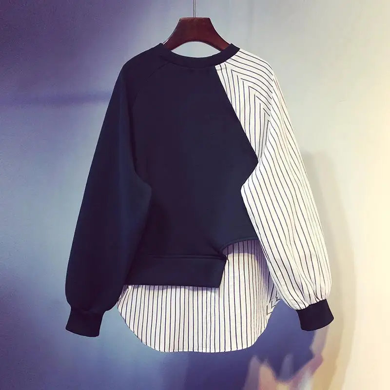 Korean Autumn/Winter New Women\'s O-Neck Striped Patchwork Fake Two Pieces Fashion Casual Loose Long Sleeve Sweatshirts Coat Tops