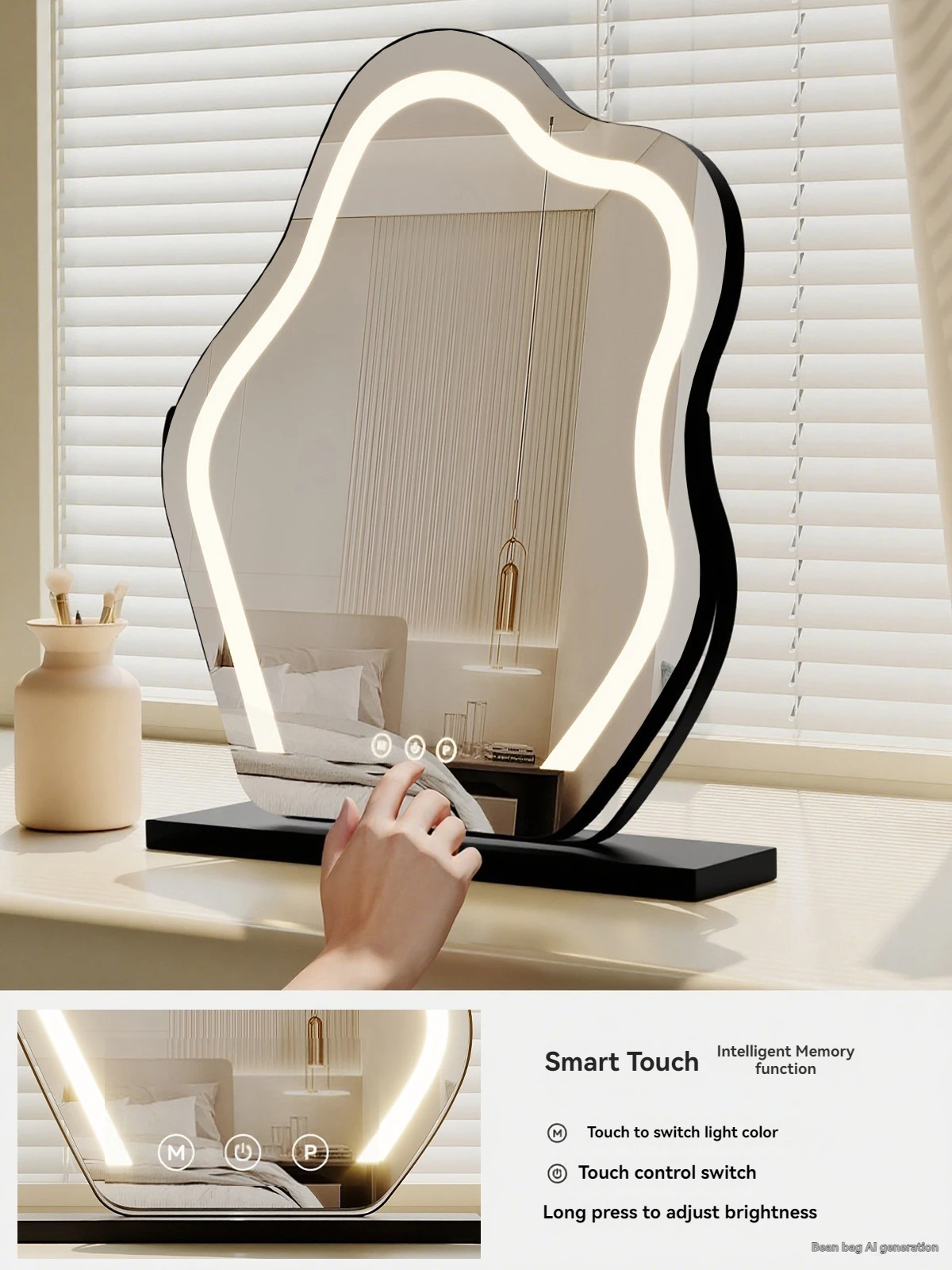 กระจกแต่งหน้าอัจฉริยะ กระจกแต่งหน้าแบบคลาวด์ พร้อมไฟ LED กระจกตั้งโต๊ะ ไฟหรูหรา หมุนได้ สำหรับห้องนอนใหญ่