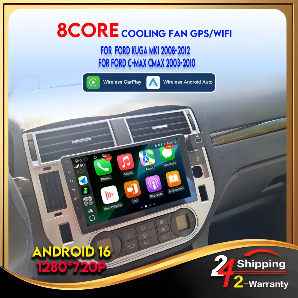 Автомагнитола Android 16 для Ford Kuga MK1 2008-2012, для Ford C-MAX CMAX 2003-2010, с CarPlay, Android Auto, беспроводная, 8-ядерная, Wi-Fi, GPS