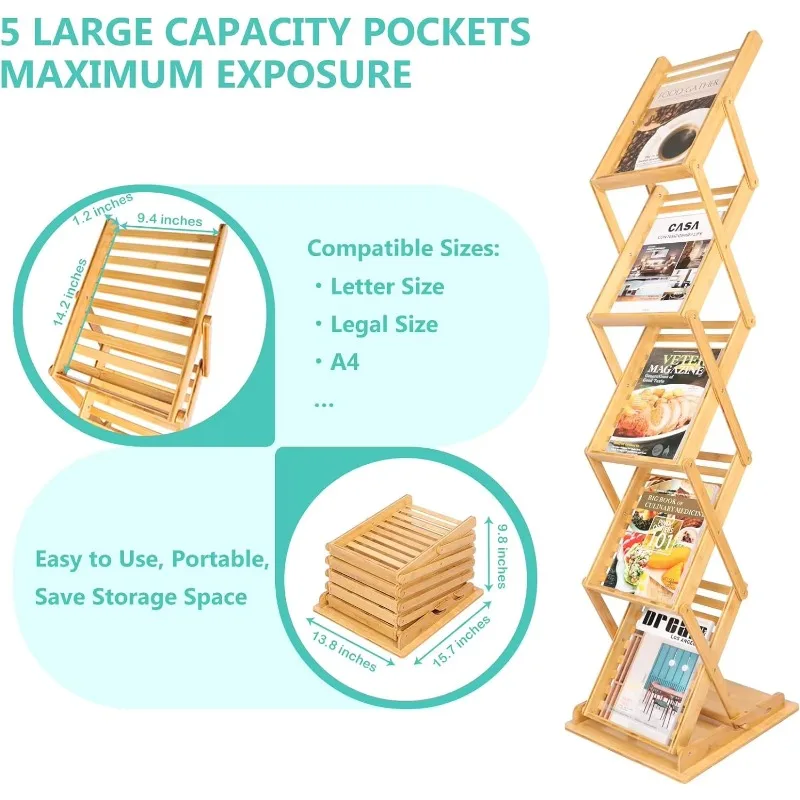 حامل أرضي للمجلات قابل للطي عالي الجودة، حامل عرض كتيب من خشب الخيزران للمكتب المنزلي