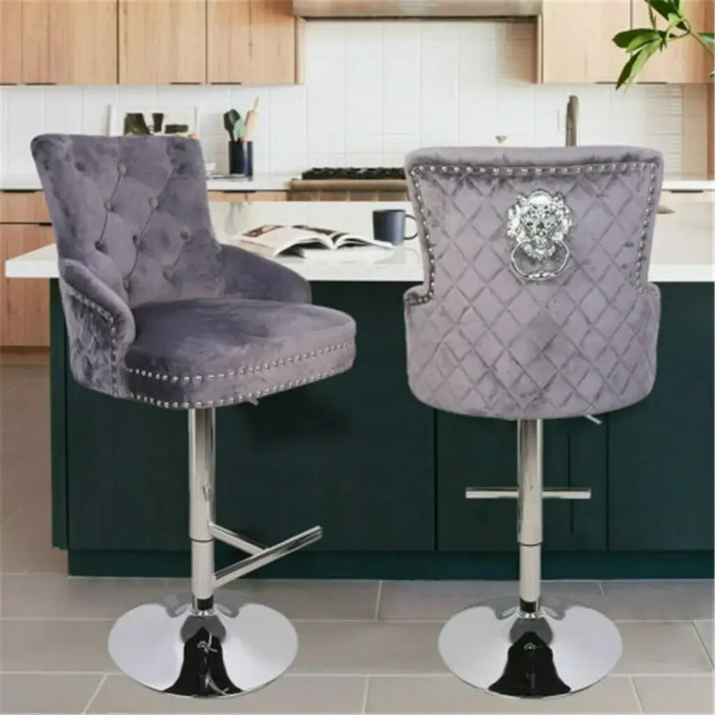 Luxury Black Velvet Swivel Bar Stool with Lion Knocker & Cross stitch High Back