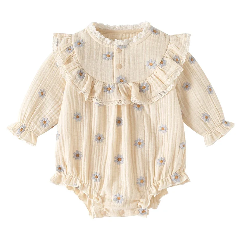 2025 New Autumn Newborn Baby Girls Bodysuits Long Sleeved Cotton Embroidery Infant Baby Girls Jumpsuit 0-24M Children Clothes
