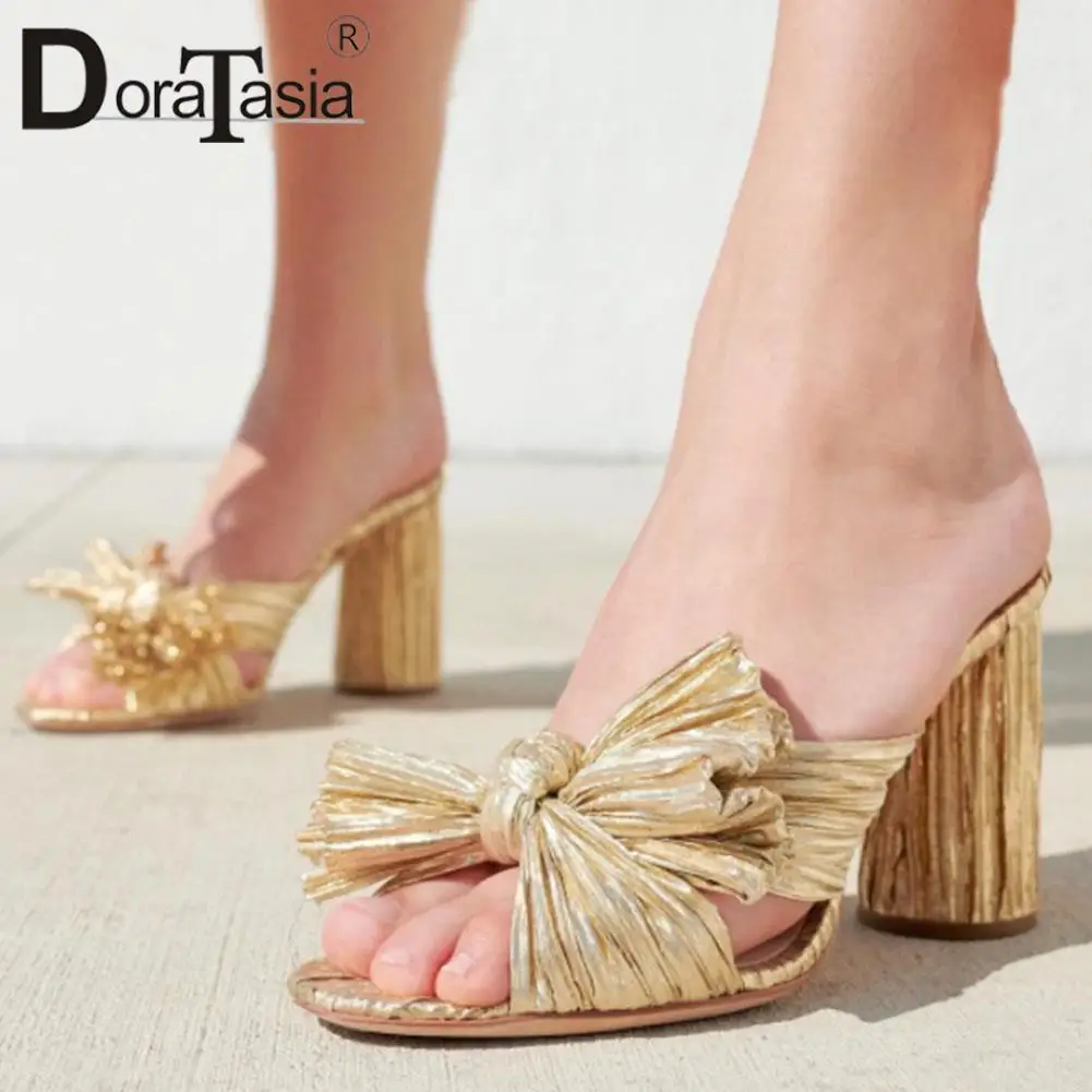 

Brand New Female Elegant Open Toe Mules Fashion Bow Thick High Heels Summer Slippers Women Party Dress Sexy Slides Shoes Woman