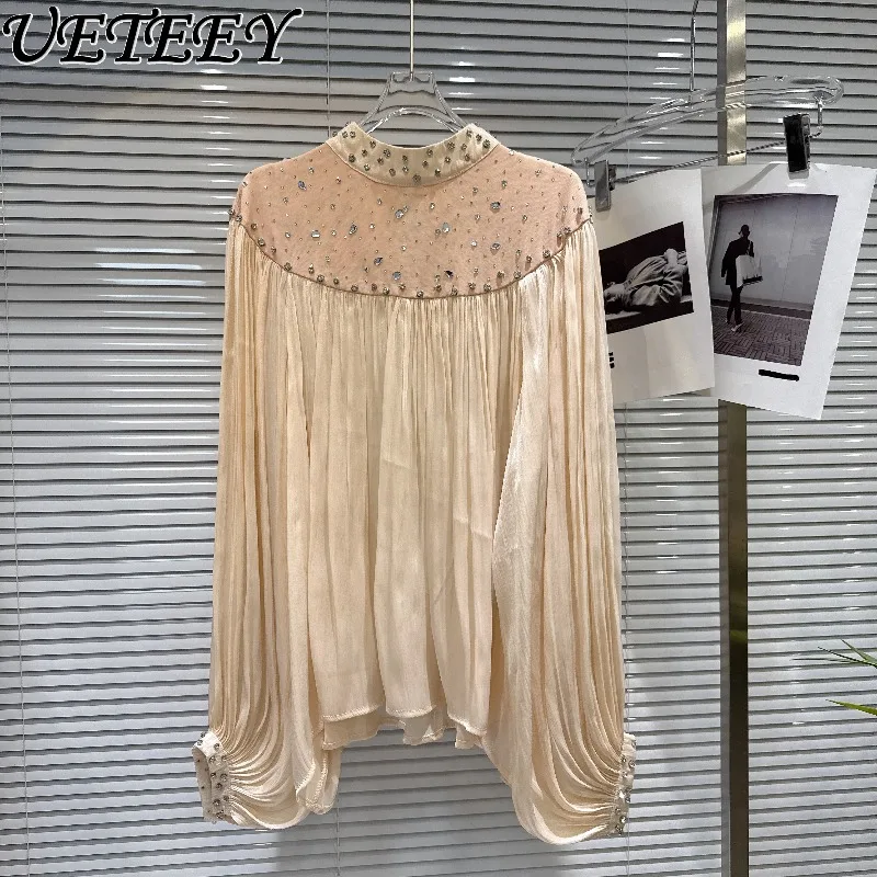 

Зима 2025 г., новая роскошная светская блестящая белая рубашка со стразами, свободная тяжелая шифоновая блузка, свободный повседневный женский топ с длинными рукавами