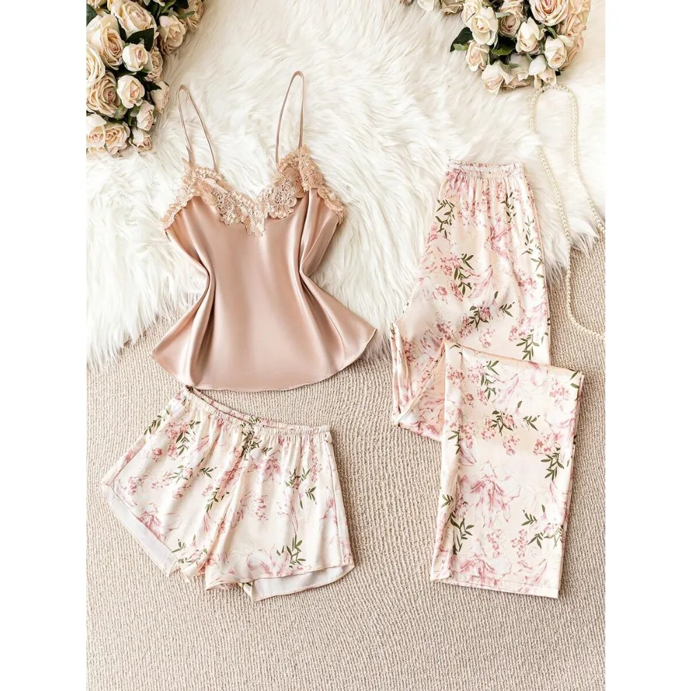 

Floral Print Appliques Satin PJ Set / Pajama Set