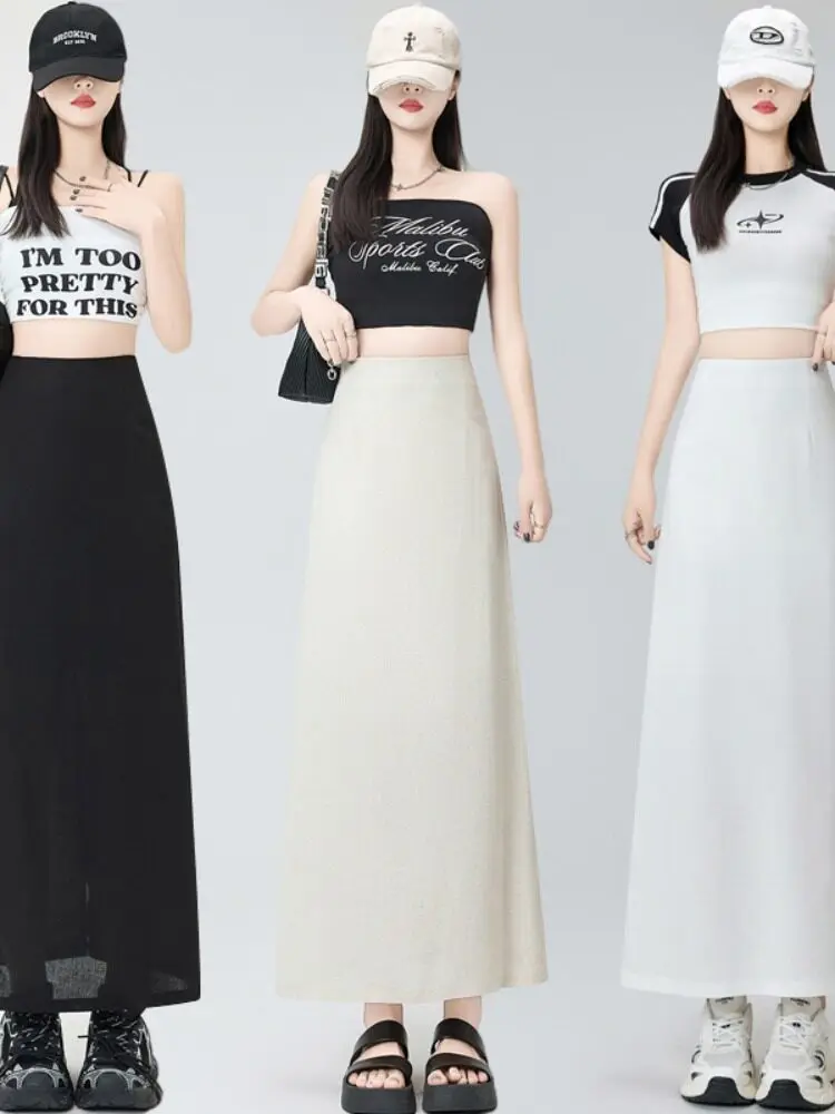 

Женская юбка миди А-силуэта из хлопка и льна с высокой талией, весенняя, тонкая, новая модель, прямого кроя, утягивающая, средней длины