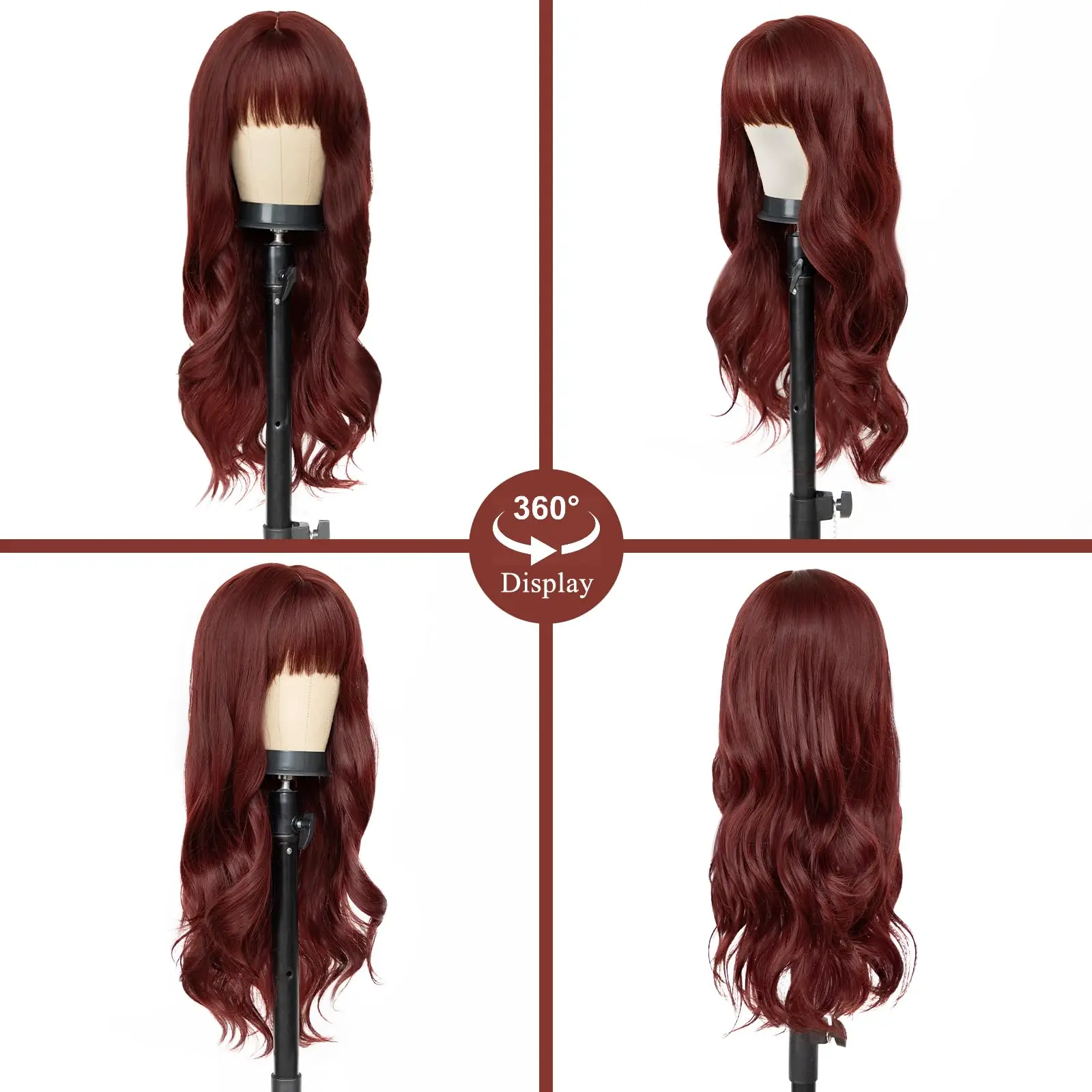 Fashion wine-red synthetic wig with big waves for party, Halloween cosplay, everyday use, high-temperature hair silk wig set