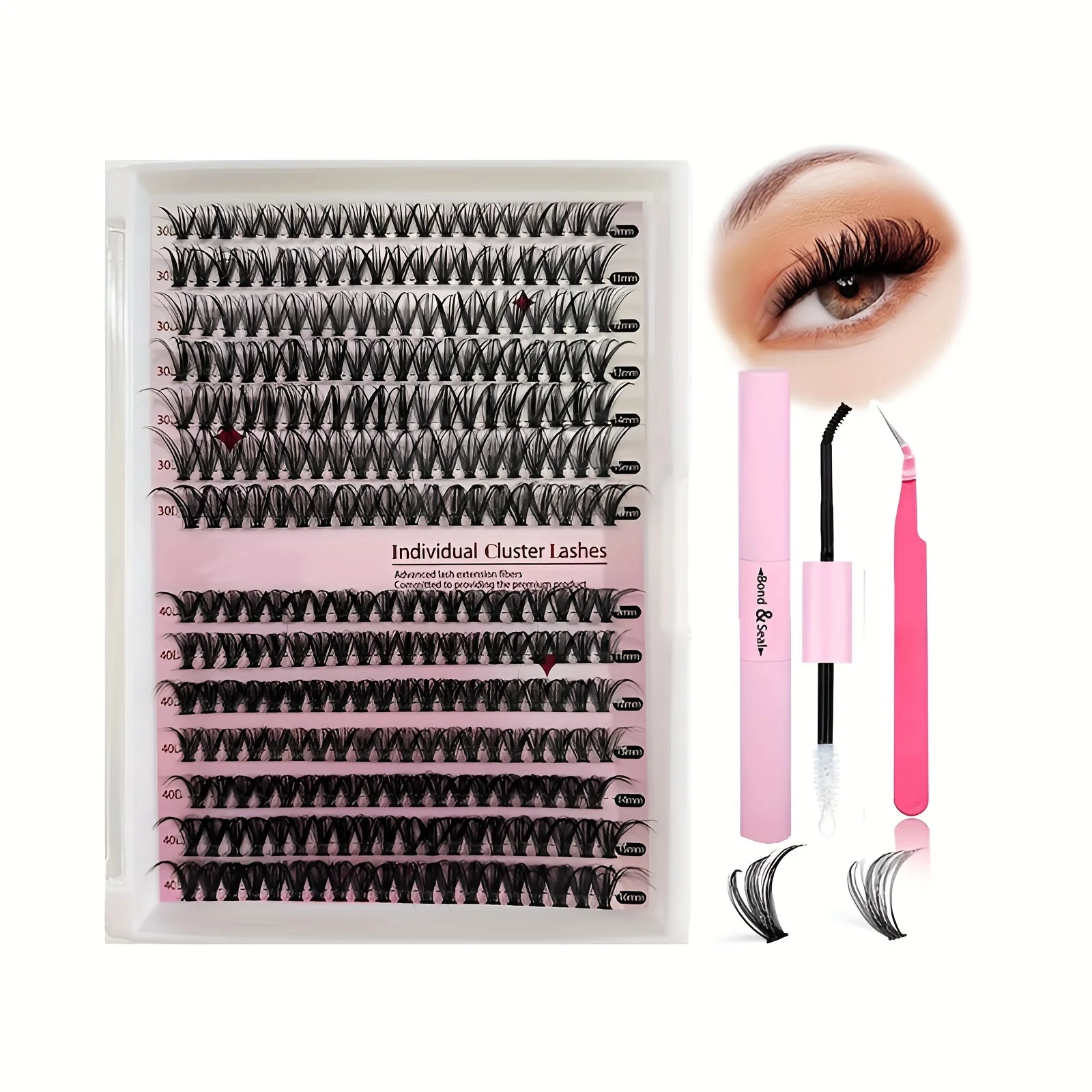 

30D/40D Voluminous Lash Extension Kit - Dramatic Length & Curl - Complete Set with Bunched Lashes, Curling Glue, Sealant, Mascar
