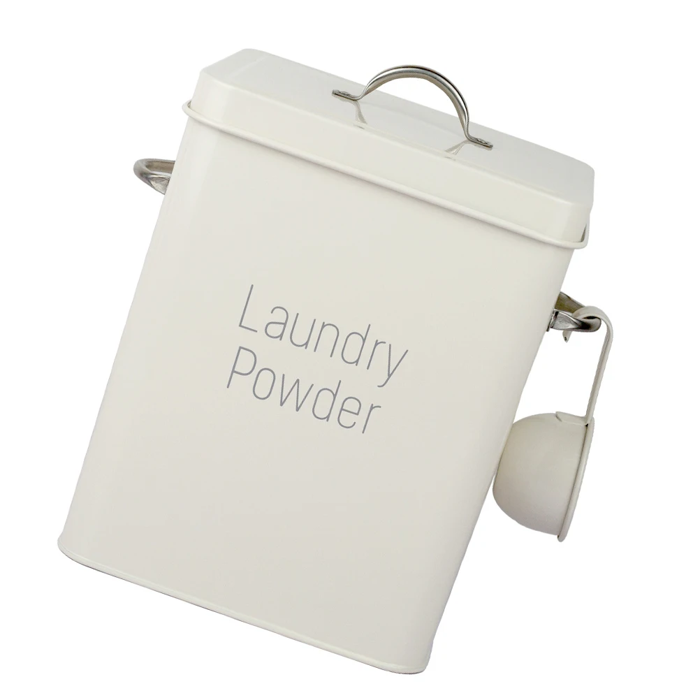 

Metal Storage Can for Pet Food Rice Laundry Powder Box White Spoon Sealed Dust-proof Kitchen Container