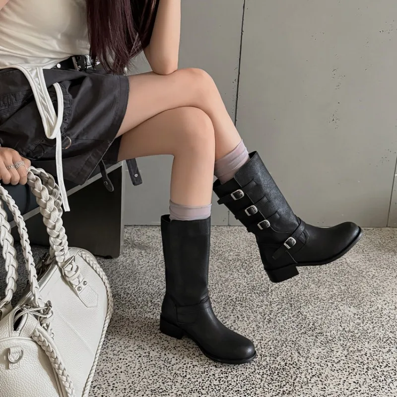 Girls Student Multi Buckle Strap Western Cowboy Boots Ladies Elegant Slip On Mid Calf Booties Autumn Winter Womem's Shoes 31-44