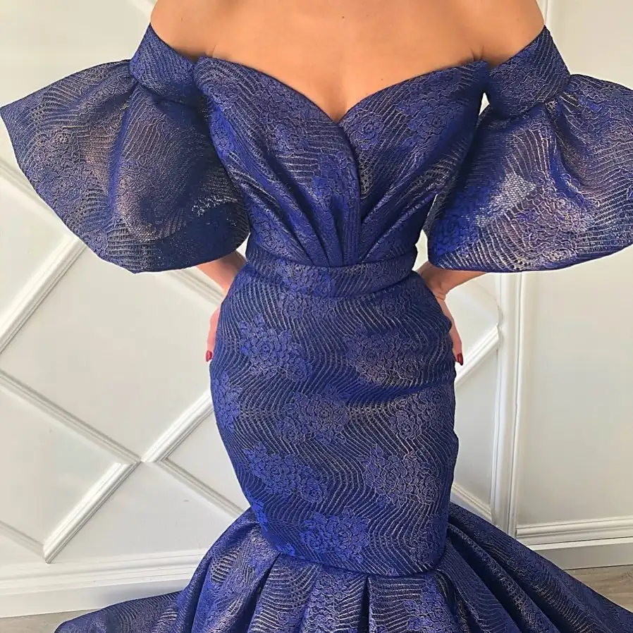 Navy Blue Haute Couture Prom Dresses Mermaid V-neck Lace Saudi Arabia Dubai Robe De Soiree Evening Dress Gown