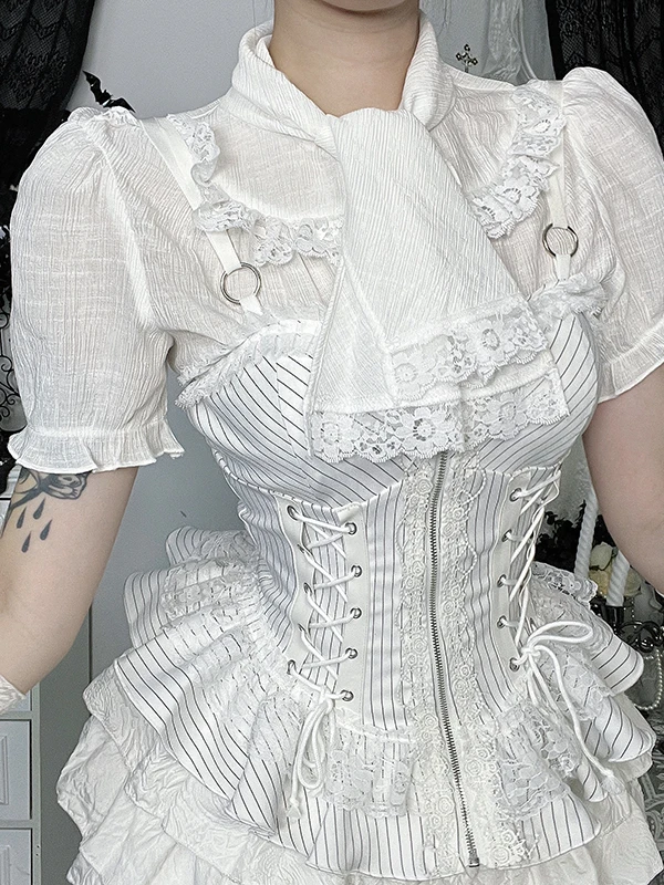 Gothic Sle White Duch Top Set Cosplay Street Snap Faion Subculture Lolita Women's Midweight  Collar irt Suit