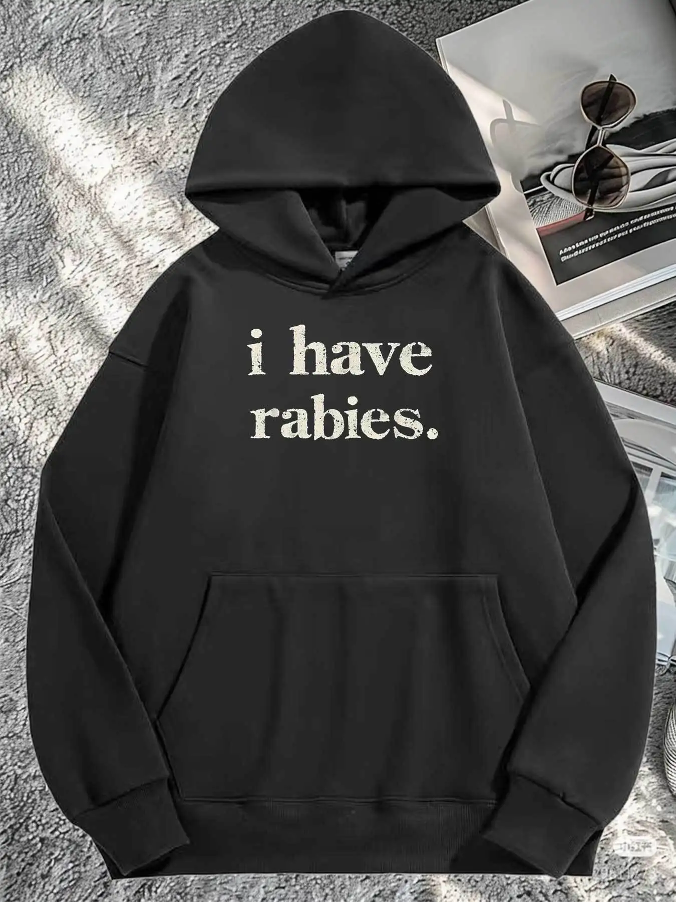 Hoodie Essential: I Have Rabies Black Essential Hoodie, Collar, Slightly Stretchy Fabric, Regular Fit for Men