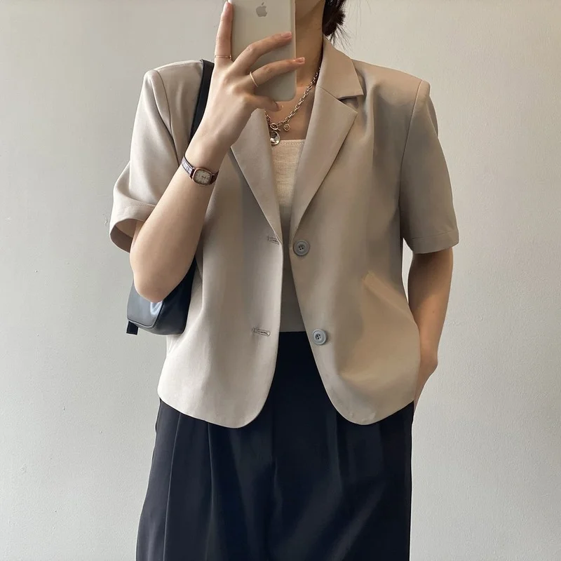 Blazers Women Retros Fashion Short Sleeve Vintage Summer Korean Style Crop Outwear Casual OL Office Lady All-match Ins Mature