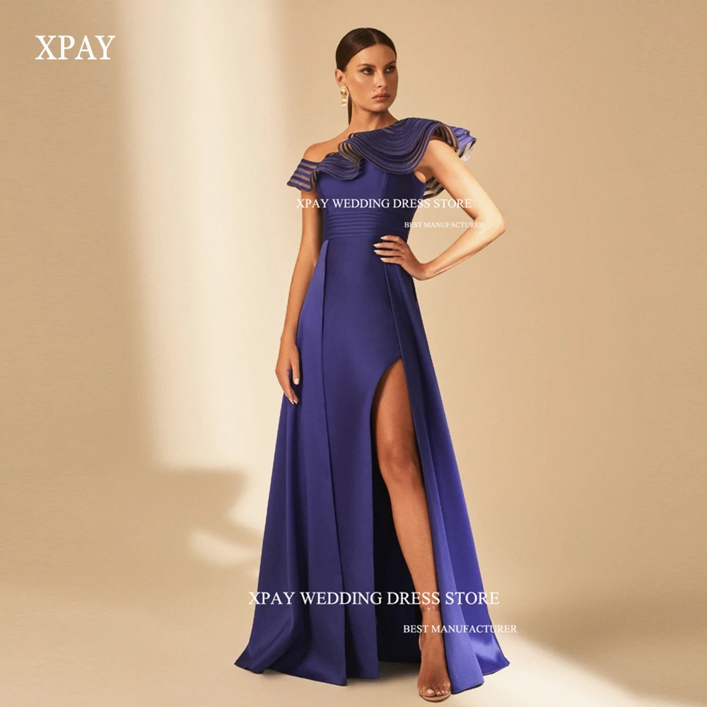 

XPAY Modest Party Dresses Satin Different Short Tiered sleeves Split Dubai Arabia Women Evening Dresses Formal Prom gowns