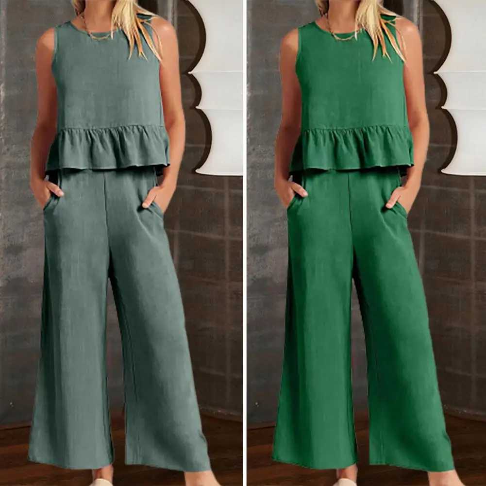 Women's New Summer Suit Solid Color Casual Sleeveless Pleated Round Neck Vest Wide Leg Nine-point Pants Two-piece Set