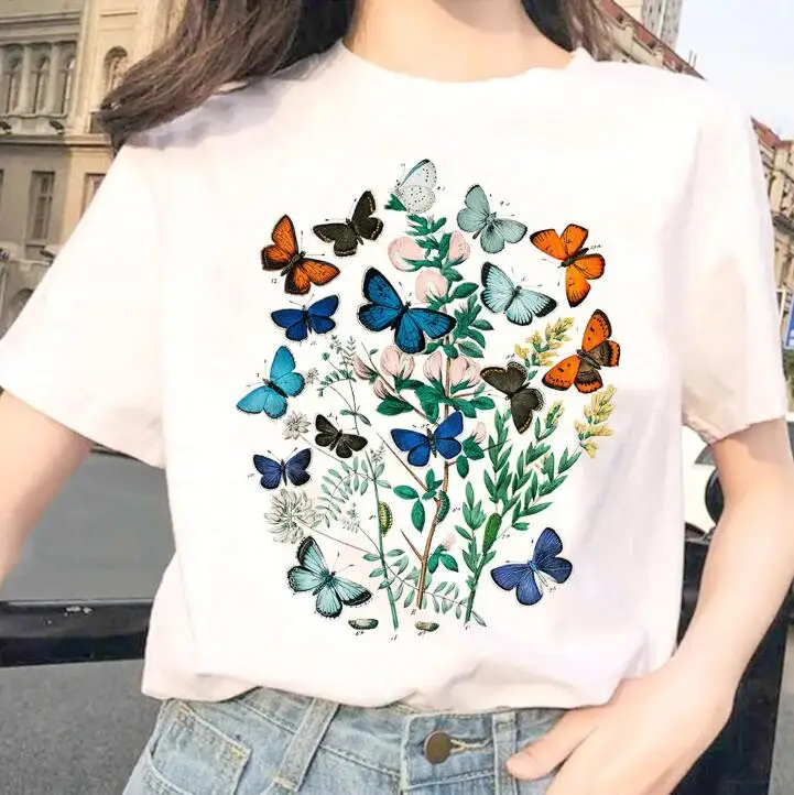 

Watercolor Butterfly Tree Print Tshirts Women'S Clothing White Funny T Shirt Femme Summer Fashion Short Sleeve T-Shirt Female